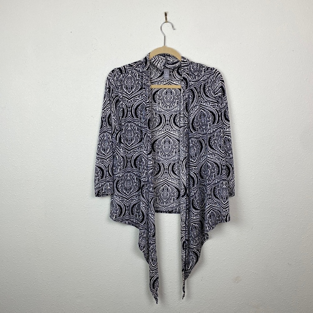 Chico's Travelers | Cream and Black Draped Travel Wrinkle-Free Cardigan 1 (M/8)